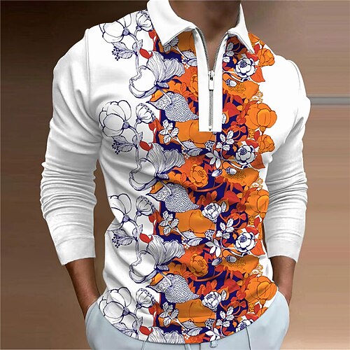 

Men's Collar Polo Shirt Golf Shirt Floral Turndown Orange 3D Print Outdoor Street Long Sleeve Zipper Print Clothing Apparel Fashion Designer Casual Breathable / Summer / Spring / Summer