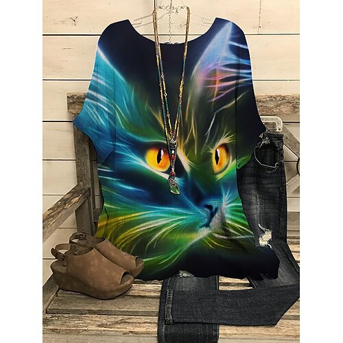 

Women's Shirt Black Wine Blue Cat Tie Dye Print Short Sleeve Holiday Weekend Streetwear Casual Round Neck Regular 3D Cat S