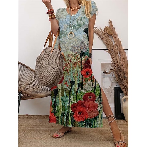

Women's Shift Dress Maxi long Dress Green Short Sleeve Floral Split Print Spring Summer V Neck Casual Vacation 2022 S M L XL XXL 3XL