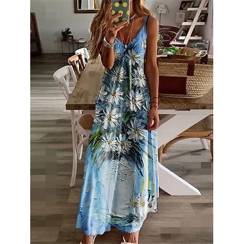 

Women's A Line Dress Maxi long Dress Green Blue Purple Short Sleeve Floral Print Spring Summer Spaghetti Strap Stylish Elegant Vacation 2022 S M L XL XXL 3XL