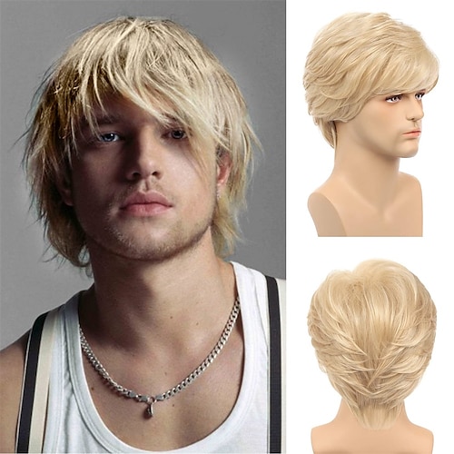 

Short Men Blonde Wigs Layered Fluffy Natural Curly Wig Synthetic Heat Resistant Cosplay Wig for Male Guys