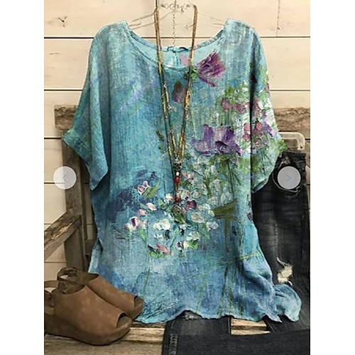 

Mujer Camisa Azul Piscina Floral Estampado Manga Corta Festivos Fin de semana Ropa de calle Casual Escote Redondo Regular Flor S