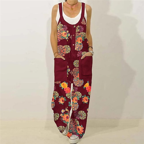 

Women's Overall Pocket Print Floral U Neck Streetwear Street Going out Regular Fit Sleeveless Yellow Red Black XL XXL 3XL Spring