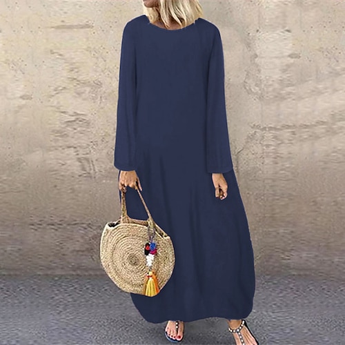 

Robe mi-longue Femme Robe casual manche longue Automne Printemps - Casual Mature Patchwork Couleur monochrome Col Ras du Cou robe hiver Fin de semaine robe automne Coton Ample 2023 Noir Bleu de minuit