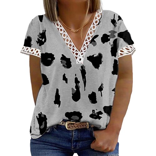 

Women's Plus Size Tops Blouse T shirt Tee Floral Lace Patchwork Short Sleeve V Neck Streetwear Daily Weekend Cotton Spring Summer Blue Gray