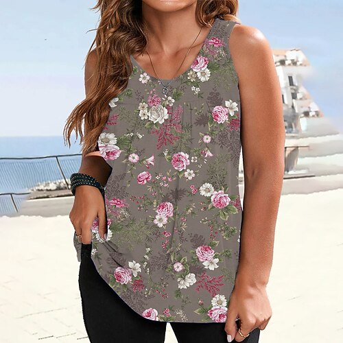 

Women's Plus Size Tops Blouse Tank Top Floral Print Sleeveless Crewneck Streetwear Daily Back to School Polyester Spring Summer Green Black