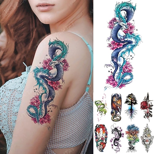 

9PCS Waterproof Temporary Tattoo Sticker Blue Ice Dragon Plum Blossom Flash Tattoos Family Tree Fox Body Art Arm Fake Tatoo Women Men