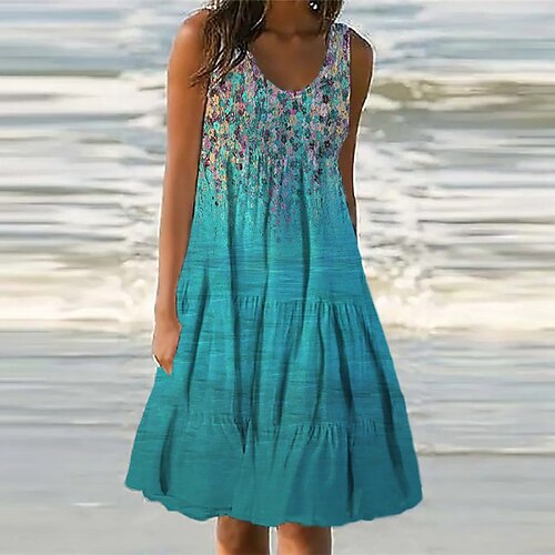 

Women's Shift Dress Knee Length Dress Green Blue Purple Fuchsia Light Blue Sleeveless Floral Color Gradient Pocket Print Spring Summer U Neck Casual Vacation 2022 S M L XL XXL 3XL