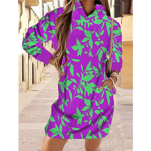 

Women's Hoodie Dress Short Mini Dress Green Blue Purple Royal Blue Red Long Sleeve Floral Pocket Print Fall Spring Hooded Casual Fashion 2022 XS S M L XL XXL 3XL 4XL