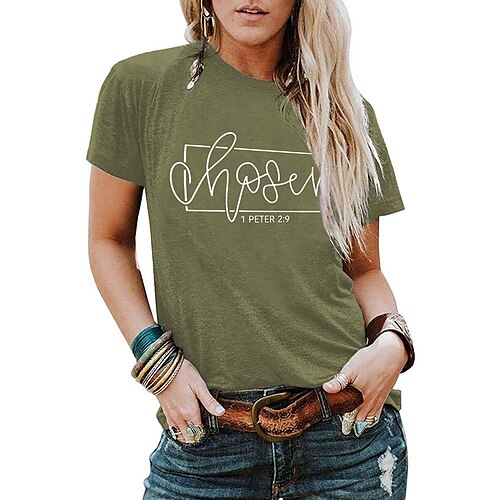 

Women's T shirt Tee Green Blue Pink Text Print Short Sleeve Casual Weekend Basic Round Neck Regular Cotton Religious Painting S