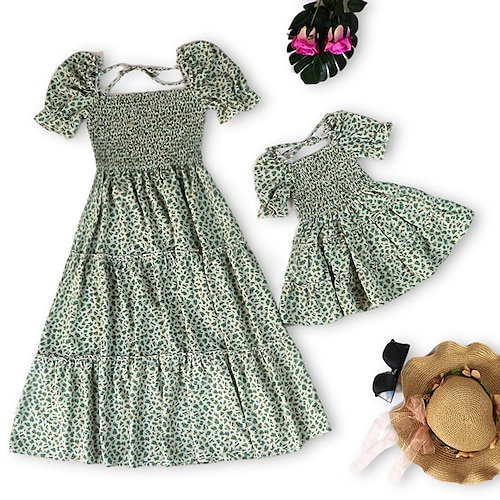 

Mommy and Me Dresses Floral Street Print Green Short Sleeve Asymmetrical Active Matching Outfits