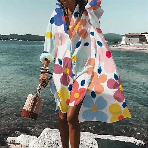 

Women's Shirt Dress Shift Dress Knee Length Dress White Pink Yellow Orange Red Long Sleeve Floral Geometric Button Print Fall Winter Shirt Collar Stylish Vacation Loose 2022 S M L XL XXL