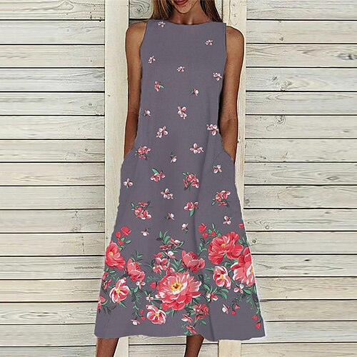 

Robe mi-longue Femme Robe casual Sans Manches Printemps Eté Poche Imprimer Floral Col Ras du Cou 2022 Rose Claire Gris S M L XL XXL 3XL