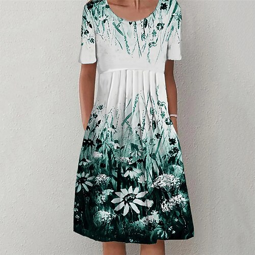 

Women's Shift Dress Knee Length Dress Blue Navy Blue Short Sleeve Floral Ruched Pocket Print Spring Summer Crew Neck Casual Vacation 2022 S M L XL XXL 3XL