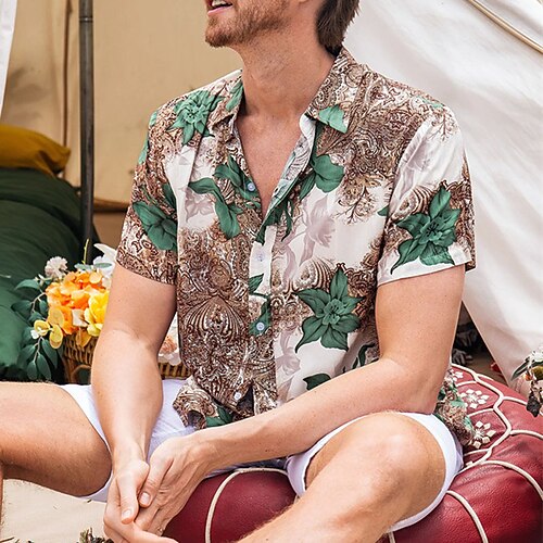 

Men's Shirt Print Floral Turndown Street Daily Button-Down Print Short Sleeve Tops Casual Fashion Breathable Comfortable Brown