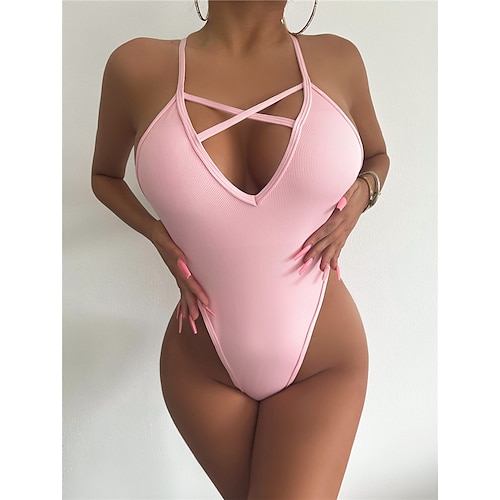 

Mujer Bañadores Una pieza Monokini Trajes de baño Normal Traje de baño Control de barriga Espalda Abierta Cintura alta Color puro Rosa Escote en V Trajes de baño nuevo Vacaciones Moda / Moderno