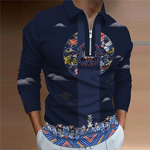 

Men's Collar Polo Shirt Golf Shirt Floral Turndown Navy Blue 3D Print Outdoor Street Long Sleeve Zipper Print Clothing Apparel Fashion Designer Casual Breathable / Summer / Spring / Summer