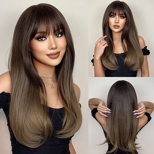 

HAIRCUBE Ombre Brown Long Wavy Synthetic Wigs With Bangs Auburn Pink Cosplay Wave Wigs For Women Heat Resistant