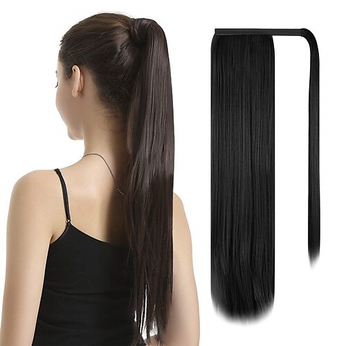 

Drawstring Ponytail 24 Inch Ponytail Extension Long Straight Wrap Around Clip in Synthetic Fiber Hair for Women - Black