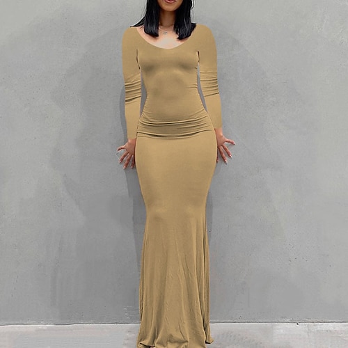 

Women's Sheath Dress Maxi long Dress Gray Pink Yellow Wine Khaki Dark Gray Long Sleeve Solid Color Ruched Spring Summer Crew Neck Stylish Casual 2022 XS S M L XL XXL 3XL