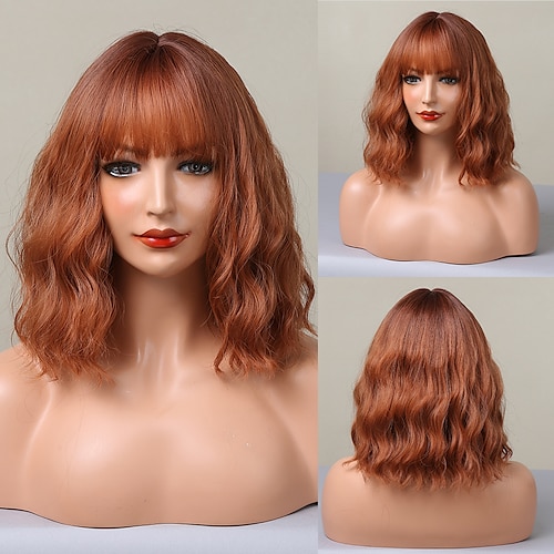 

HAIRCUBE Ombre Auburn Short BOB Hair Brown Pink Black Cosplay Water Wavy Wigs With Bangs for African American Women