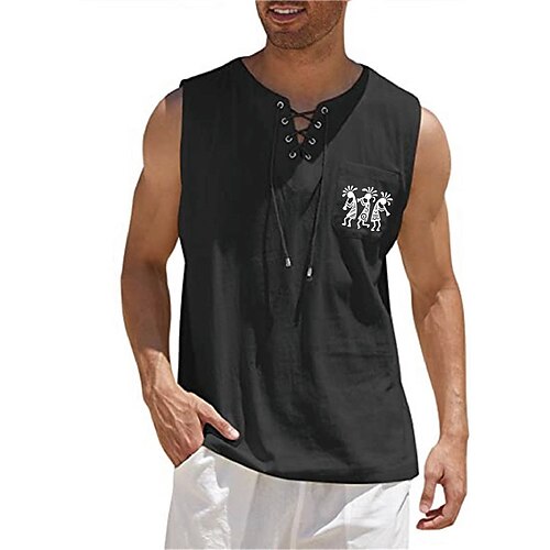 

Men's Shirt Hot Stamping Cartoon Graphic Patterned V Neck Street Casual Lace up Print Sleeveless Tops Designer Casual Fashion Big and Tall Green Black Khaki / Summer