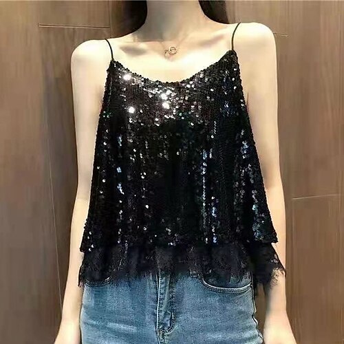 

Débardeur Camisoles Femme Argent Noir Dorée Plein Paillettes Garniture en dentelle Sans Manches Casual Fin de semaine Vêtement de rue Col V Normal Standard Taille unique