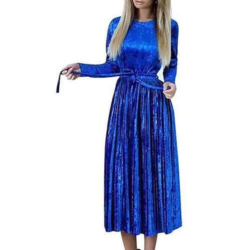 

Women's Swing Dress Midi Dress Blue Wine Red Long Sleeve Solid Color Ruched Lace up Velvet Spring Summer Crew Neck Stylish Elegant Casual 2022 S M L XL