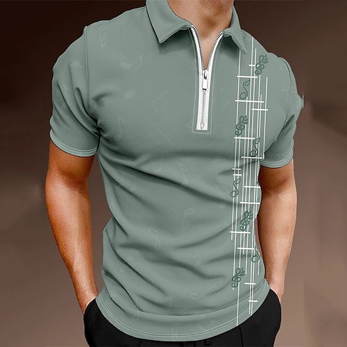 

Men's Collar Polo Shirt Golf Shirt Quarter Zip Polo Notes Turndown Light Green Print Street Daily Short Sleeve Zipper Print Clothing Apparel Fashion Casual Breathable Comfortable / Beach