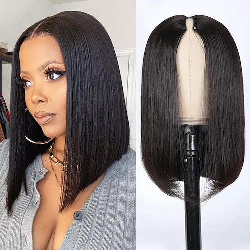 

Human Hair Wig Long Straight Middle Part Natural Black Easy to Carry Women Easy dressing Machine Made Brazilian Hair Women's Natural Black #1B 8 inch 10 inch 12 inch Party / Evening Daily Wear