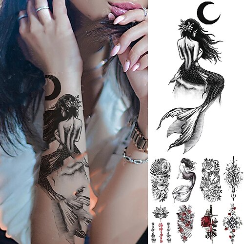 

9PCS Waterproof Temporary Tattoo Sticker Moon Sea Mermaid Flash Tattoos Flowers Skull Mandala Body Art Arm Fake Tatoo Women Men