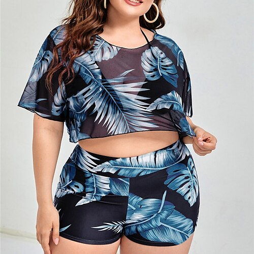 

Women's Swimwear Bikini Three Piece Plus Size Swimsuit Open Back Printing string Leaves Blue Halter T shirt Tee V Wire Bathing Suits Sexy Vacation Fashion / Modern / New