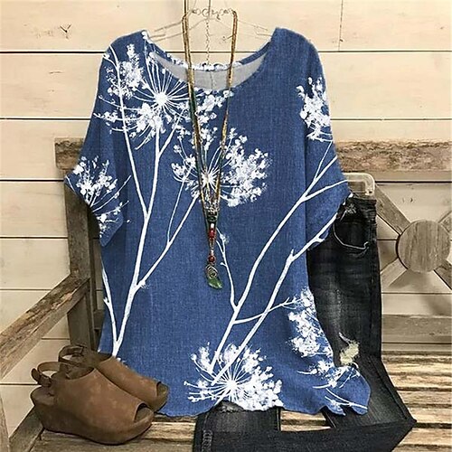 

Women's Plus Size Tops Blouse Shirt Floral Print Half Sleeve Crewneck Streetwear Daily Sports Cotton Spandex Jersey Spring Summer Blue