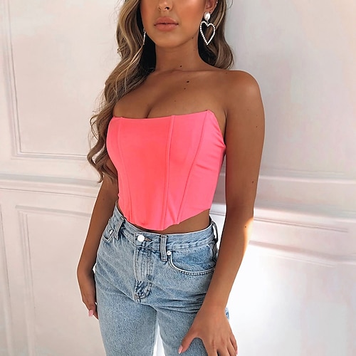 

Women's Bandeau Plain Holiday Weekend Bandeau Corset Sleeveless Strapless Casual Streetwear Slim Black Pink Red S
