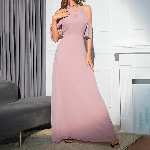 

damen partykleid swingkleid langes kleid maxikleid rosa kurzarm pure farbe schulterfrei frühling sommer halter hals 2023 s m l xl