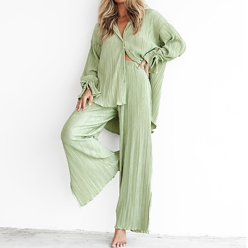 

women's spring and summer suits new pleated shirts long-sleeved lapel cardigan slit trousers pajamas two-piece suit su2994