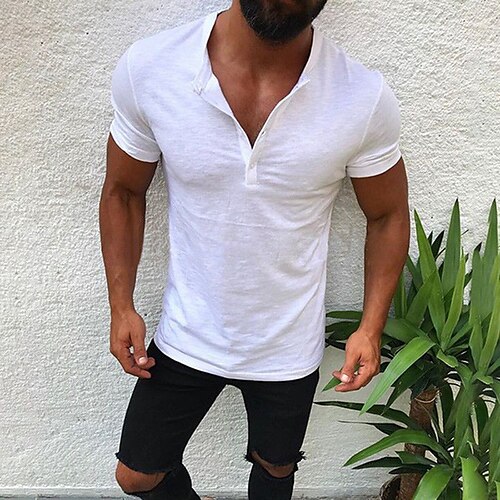 

Men's Shirt Solid Colored V Neck Street Casual Button-Down Short Sleeve Tops Casual Fashion Breathable Comfortable Beige / Summer / Spring / Summer