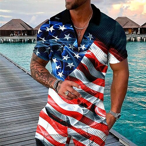 

Men's Collar Polo Shirt Golf Shirt National Flag Turndown Blue / White 3D Print Street Daily Short Sleeve Zipper 3D Clothing Apparel Fashion Casual Comfortable / Beach