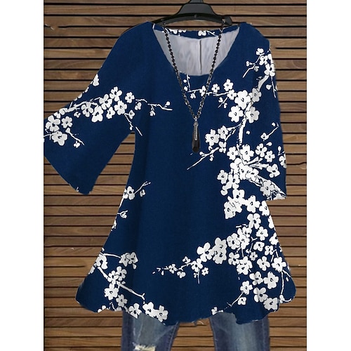 

Women's Plus Size Tops Blouse Shirt Floral Print 3/4 Length Sleeve Crewneck Streetwear Daily Holiday Cotton Spandex Jersey Fall Winter Blue Navy Blue
