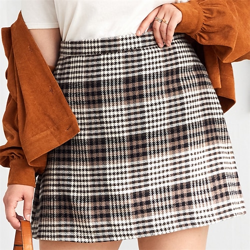 

Women's Plus Size Skirt Pocket Plaid Streetwear Work Daily Natural Short Fall Spring Brown L XL XXL 3XL 4XL