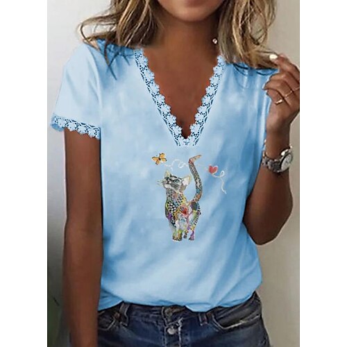 

Women's Casual Weekend Cat Painting T shirt Tee Cat Butterfly Heart Short Sleeve Lace Trims V Neck Basic Tops White Blue Yellow S