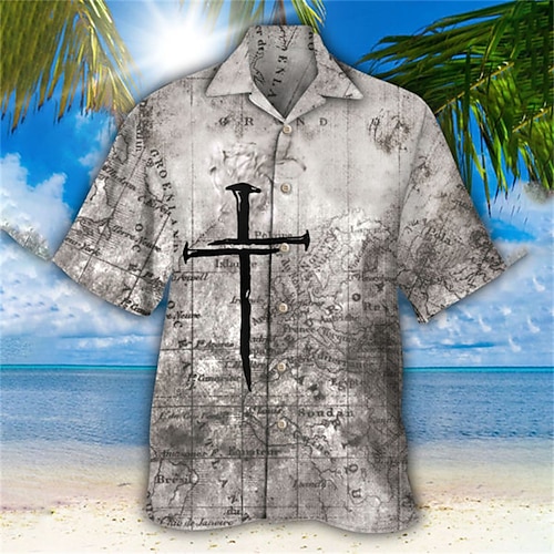 

Men's Shirt Map Turndown Street Casual 3D Button-Down Short Sleeve Tops Casual Fashion Comfortable Beach White gray