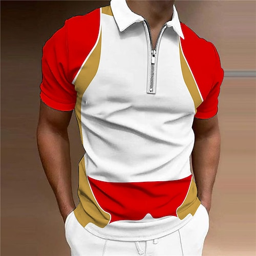 

Men's Collar Polo Shirt Golf Shirt Color Block Geometry Turndown Red 3D Print Outdoor Street Short Sleeves Zipper Print Clothing Apparel Fashion Designer Casual Breathable / Summer / Spring / Summer