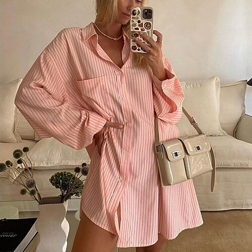 

Women's Striped Daily Weekend Blouse Shirt Long Sleeve Button Shirt Collar Casual Streetwear Tops Green Purple Orange S