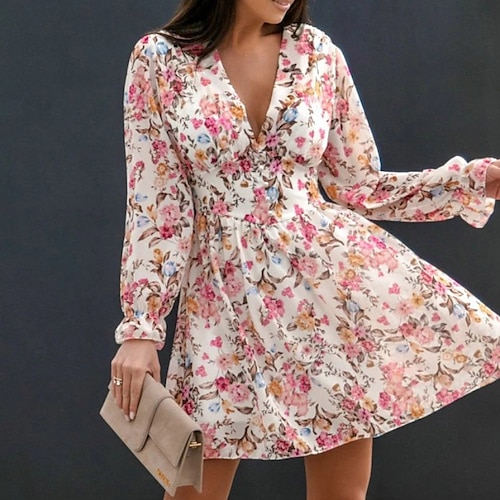 

Women's Swing Dress Short Mini Dress White Blue Pink Long Sleeve Floral Print Spring Summer V Neck Casual 2022 S M L XL