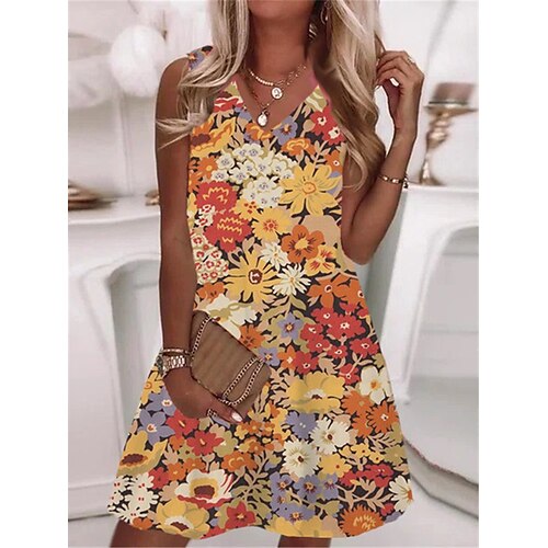 

Women's Casual Dress Shift Dress Mini Dress Orange Navy Blue Sleeveless Floral Print Spring Summer V Neck 2022 S M L XL XXL 3XL