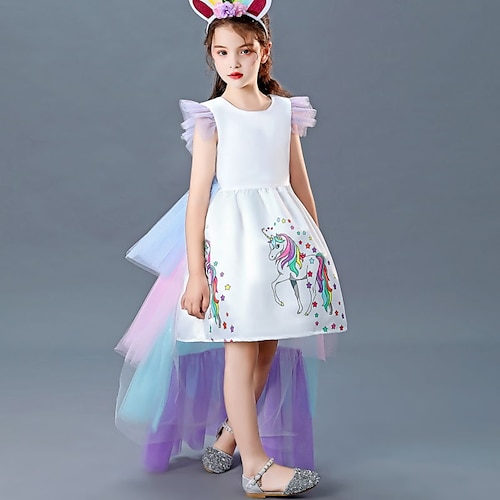 

Kids Girls' Dress Unicorn A Line Dress Asymmetrical Dress Performance Mesh Cotton Short Sleeve Princess Dress 3-10 Years Summer White