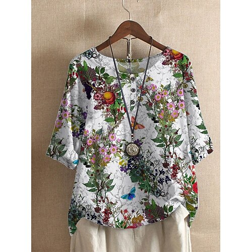 

Women's Floral Butterfly Daily Floral T shirt Tee Half Sleeve Print Round Neck Basic Essential Tops Green White S / 3D Print
