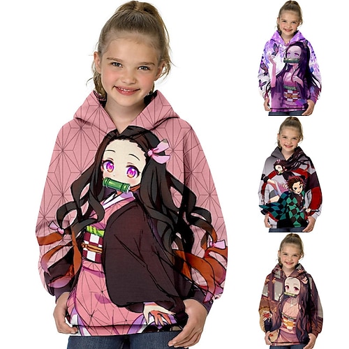 

Kids Girls' Hoodie Demon Slayer Long Sleeve 3D Print Anime Pocket Green Purple Pink Children Tops Fall Spring Fashion Streetwear Adorable Daily Indoor Outdoor Regular Fit 3-13 Years