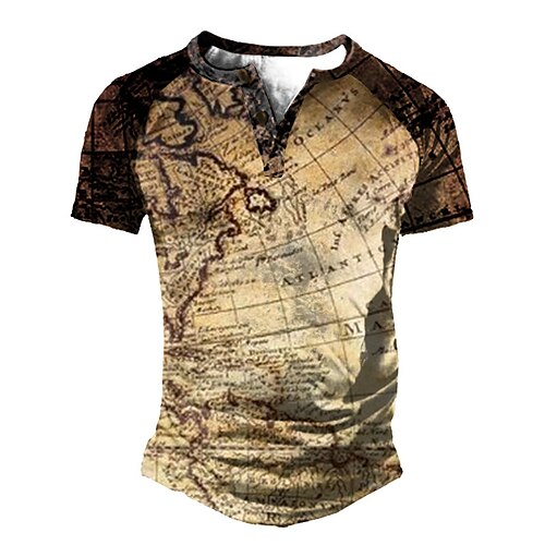 

Men's T shirt Tee Henley Shirt Tee Graphic Color Block Map Henley Khaki 3D Print Plus Size Outdoor Daily Short Sleeve Patchwork Button-Down Clothing Apparel Basic Designer Casual Classic / Summer